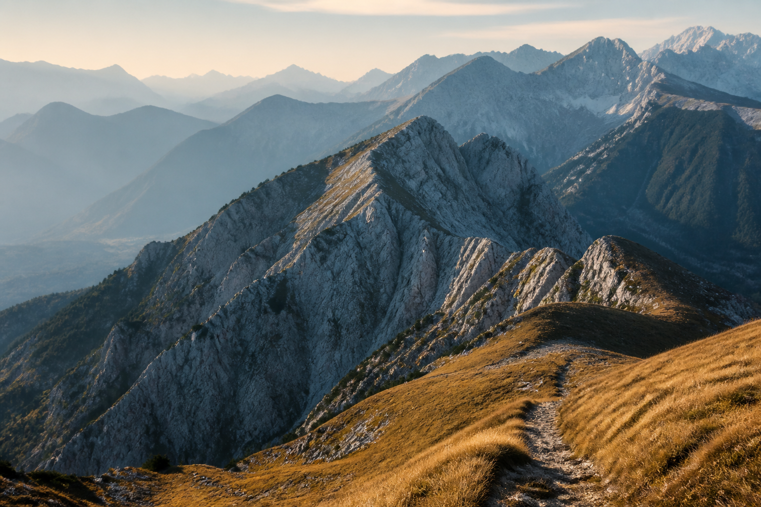 An alpine trail winding through golden grass beneath a limestone mountain ridge